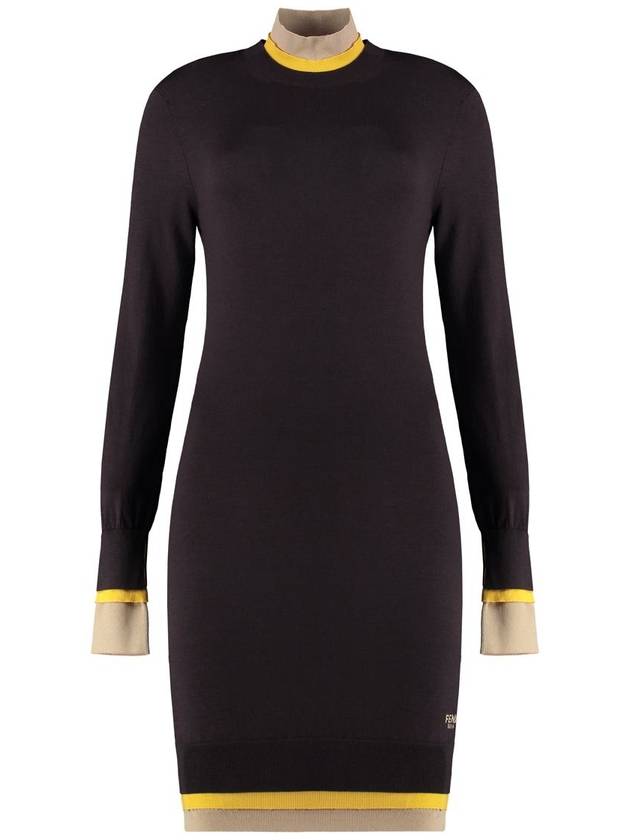 Fendi High Neck Wool Short Dress Dark Purple