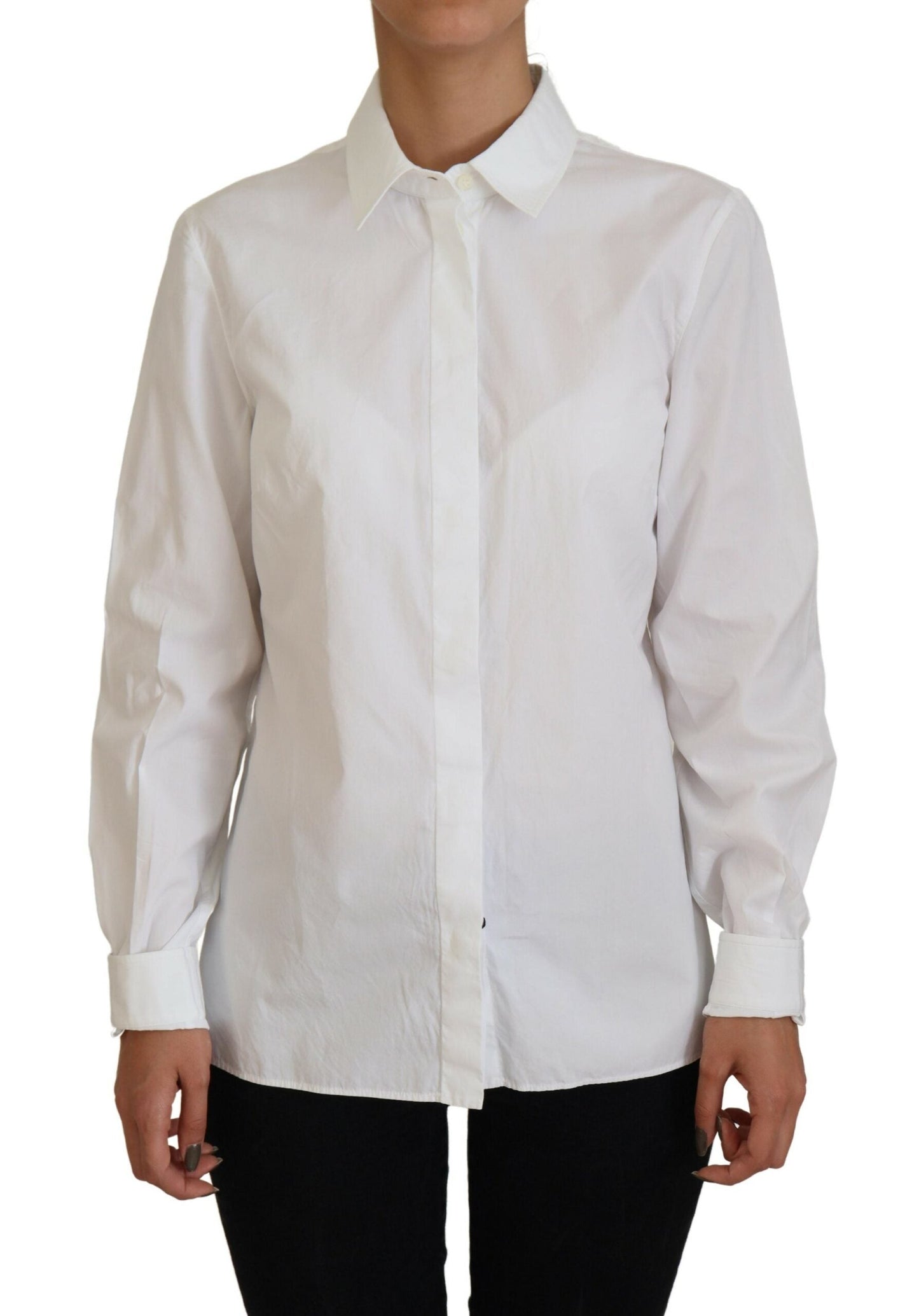 Dolce & Gabbana White Cotton Collared Long Sleeves Formal Women's Top