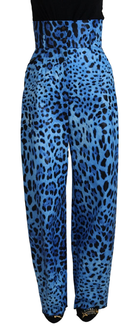 Dolce & Gabbana Blue Leopard Print High Waist Women's Pants