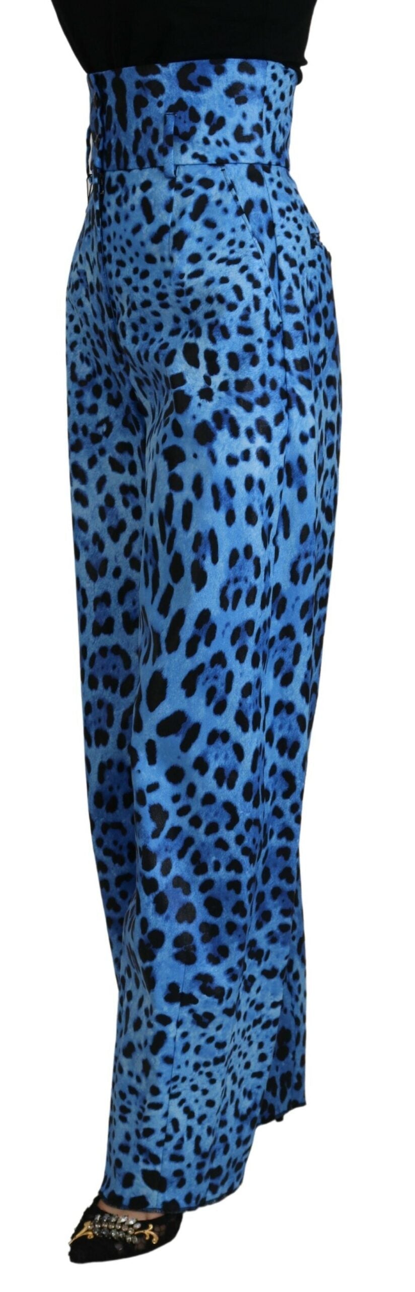 Dolce & Gabbana Blue Leopard Print High Waist Women's Pants