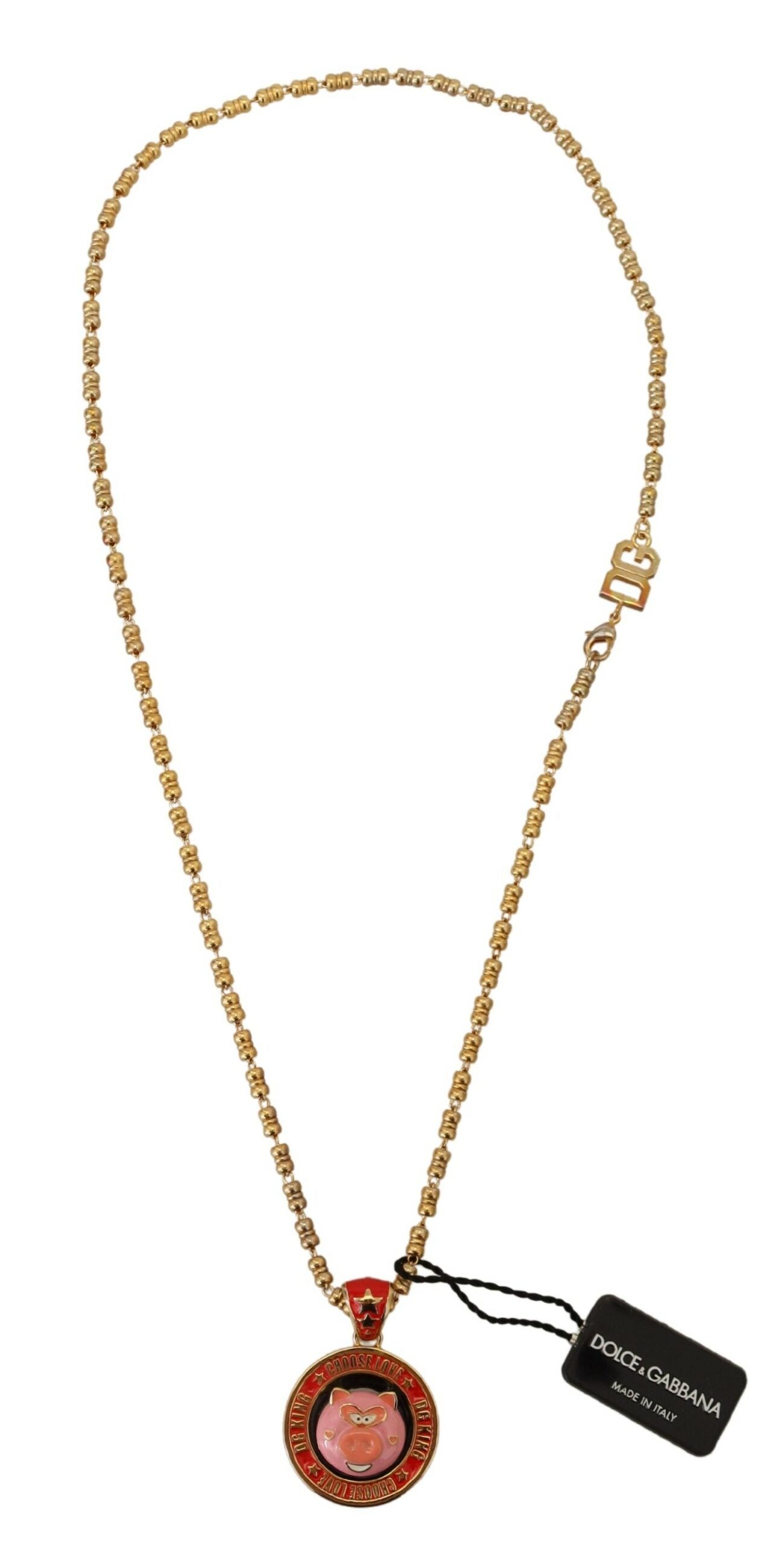 Dolce & Gabbana Gold Brass Chain SUPER PIG Pendant Logo Women's Necklace
