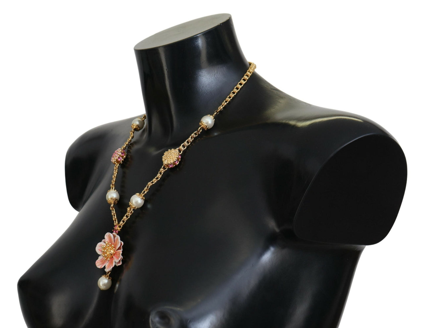 Dolce & Gabbana Gold Tone Floral Crystals Pink Embellished Women's Necklace