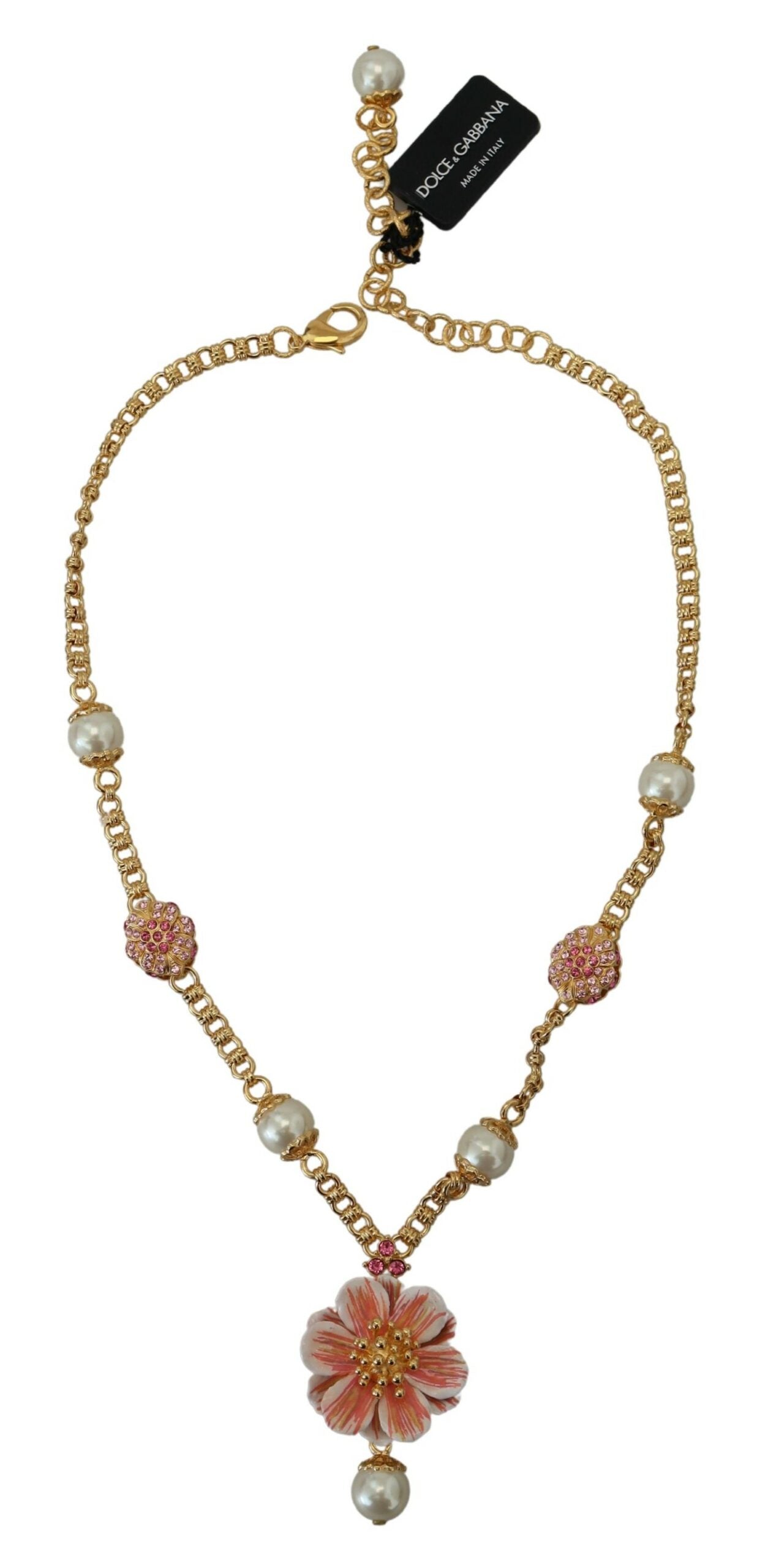 Dolce & Gabbana Gold Tone Floral Crystals Pink Embellished Women's Necklace