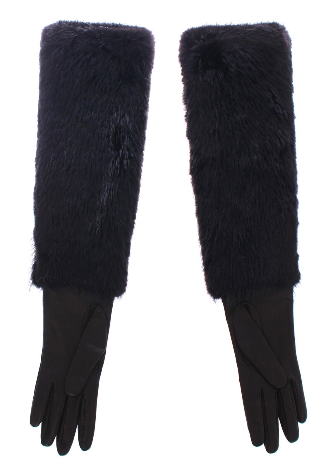 Dolce & Gabbana Black Beaver Fur Lambskin Leather Elbow Women's Gloves
