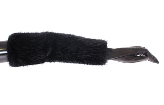 Dolce & Gabbana Black Beaver Fur Lambskin Leather Elbow Women's Gloves