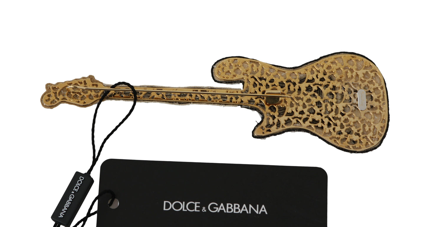 Dolce & Gabbana Gold Brass Beaded Guitar Pin Accessory Women's Brooch