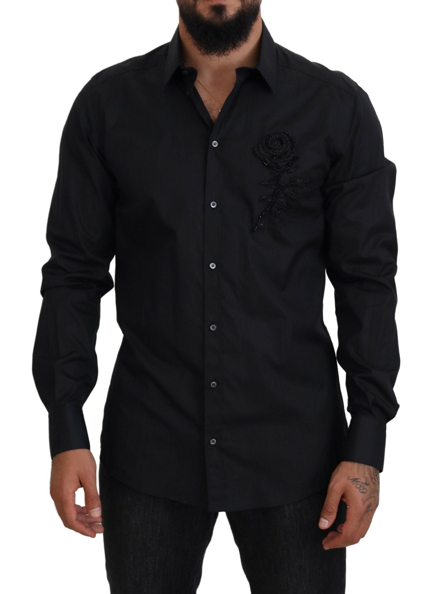 Dolce & Gabbana Black Roses Slim Fit Cotton Men's Shirt