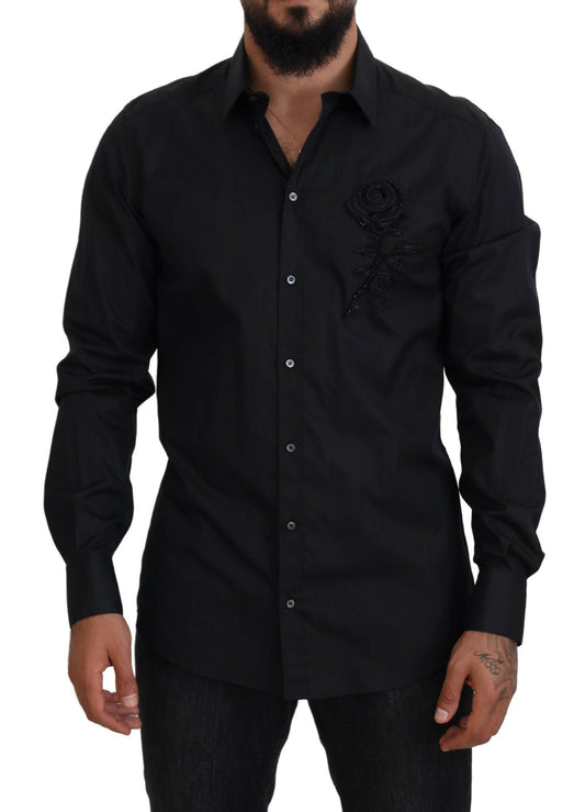 Dolce & Gabbana Black Roses Slim Fit Cotton Men's Shirt
