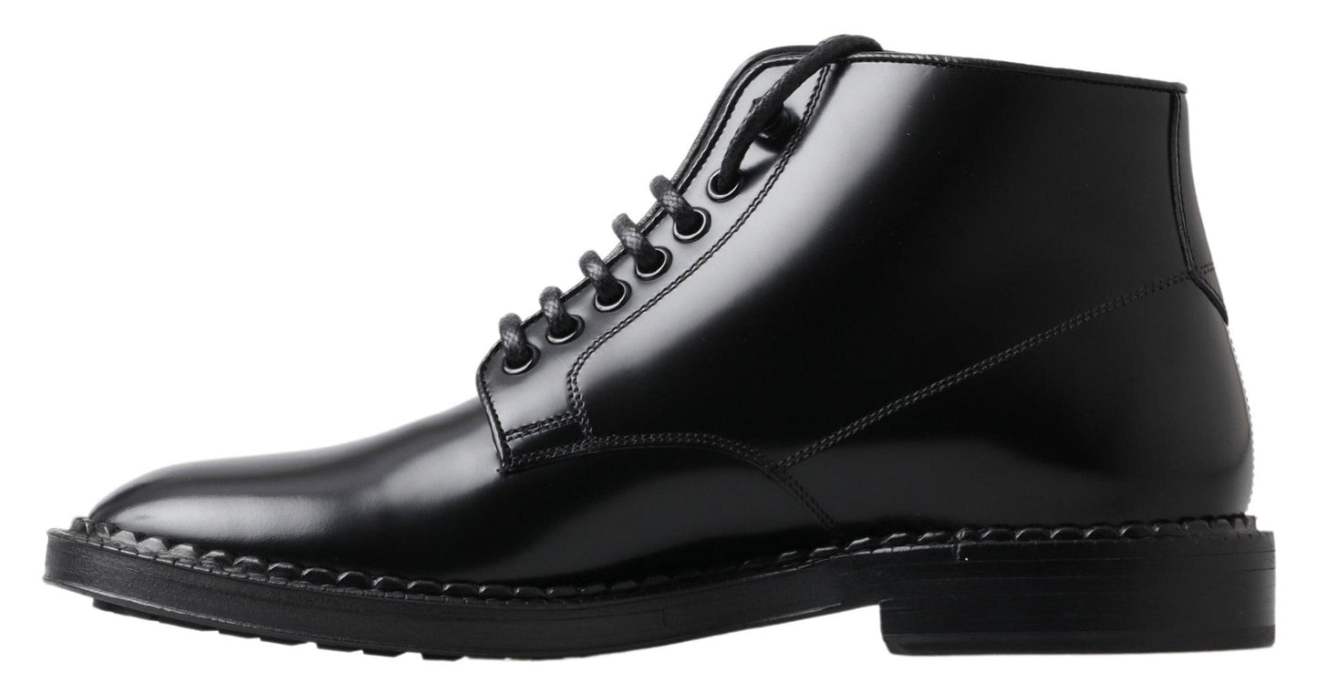 Dolce & Gabbana Black Leather Men Short Boots Lace Up Men's Shoes