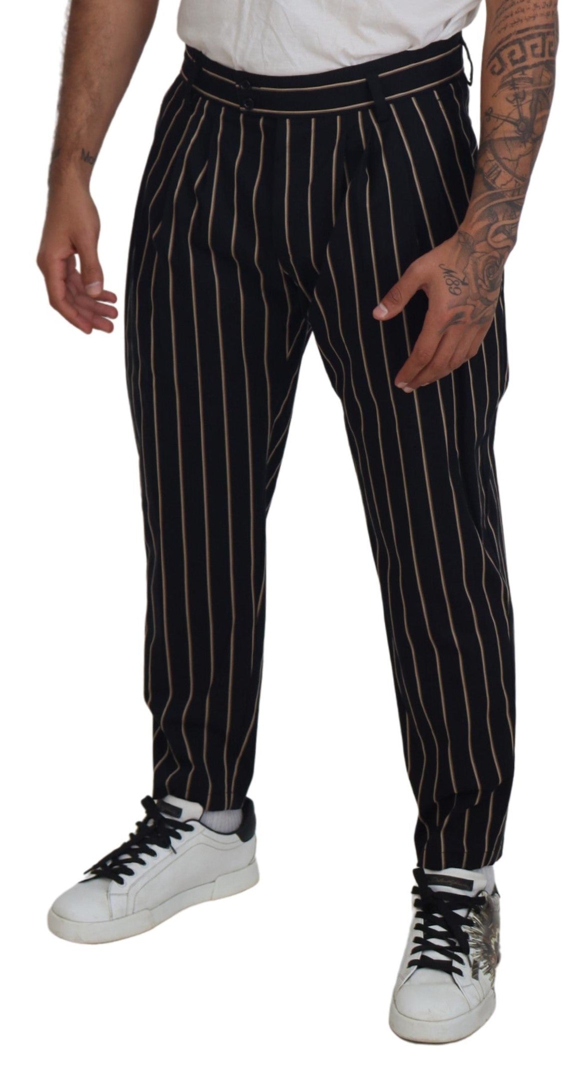 Dolce & Gabbana Black Beige Striped Cotton Stretch Men's Pants