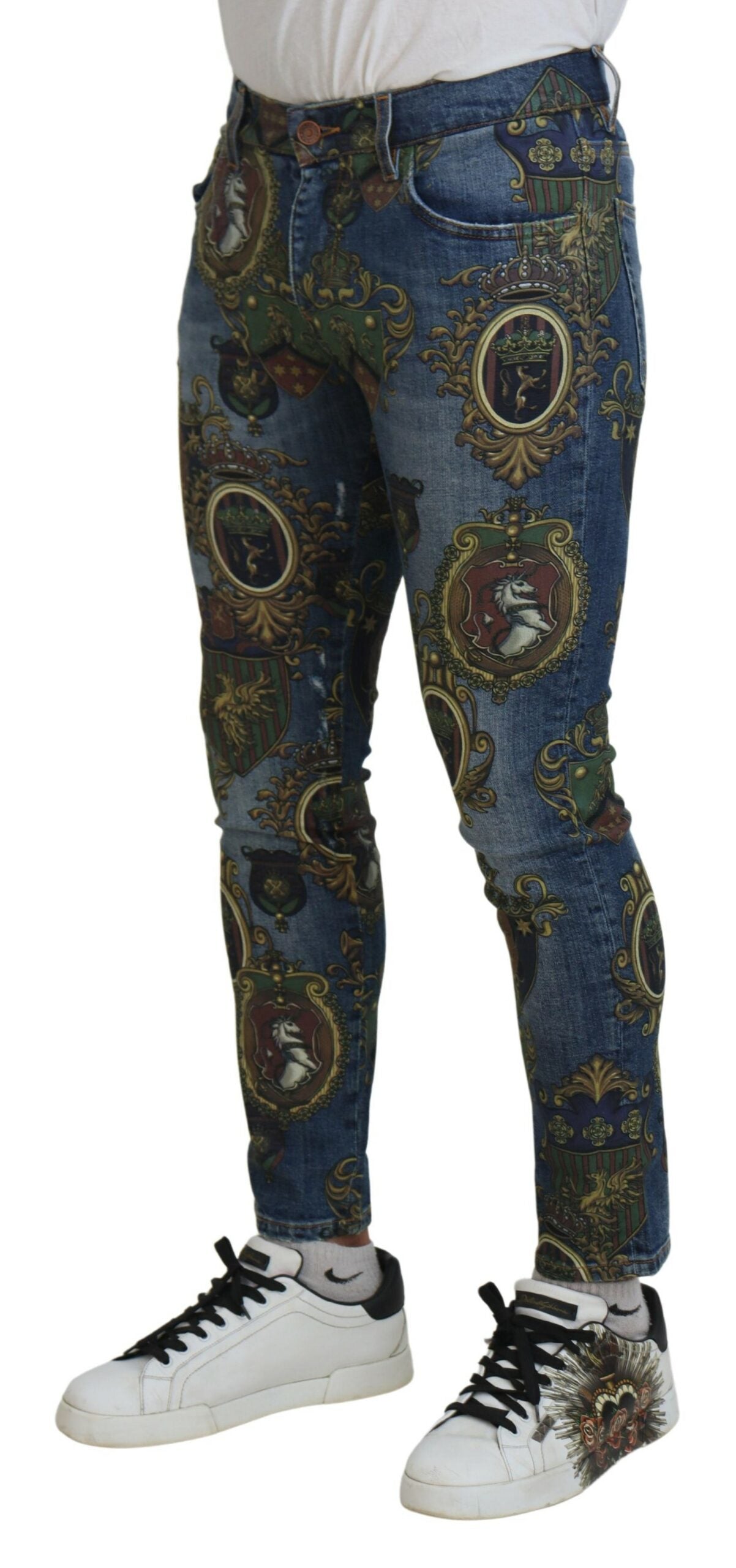 Dolce & Gabbana Blue Medal Print Slim Fit Cotton Men's Jeans