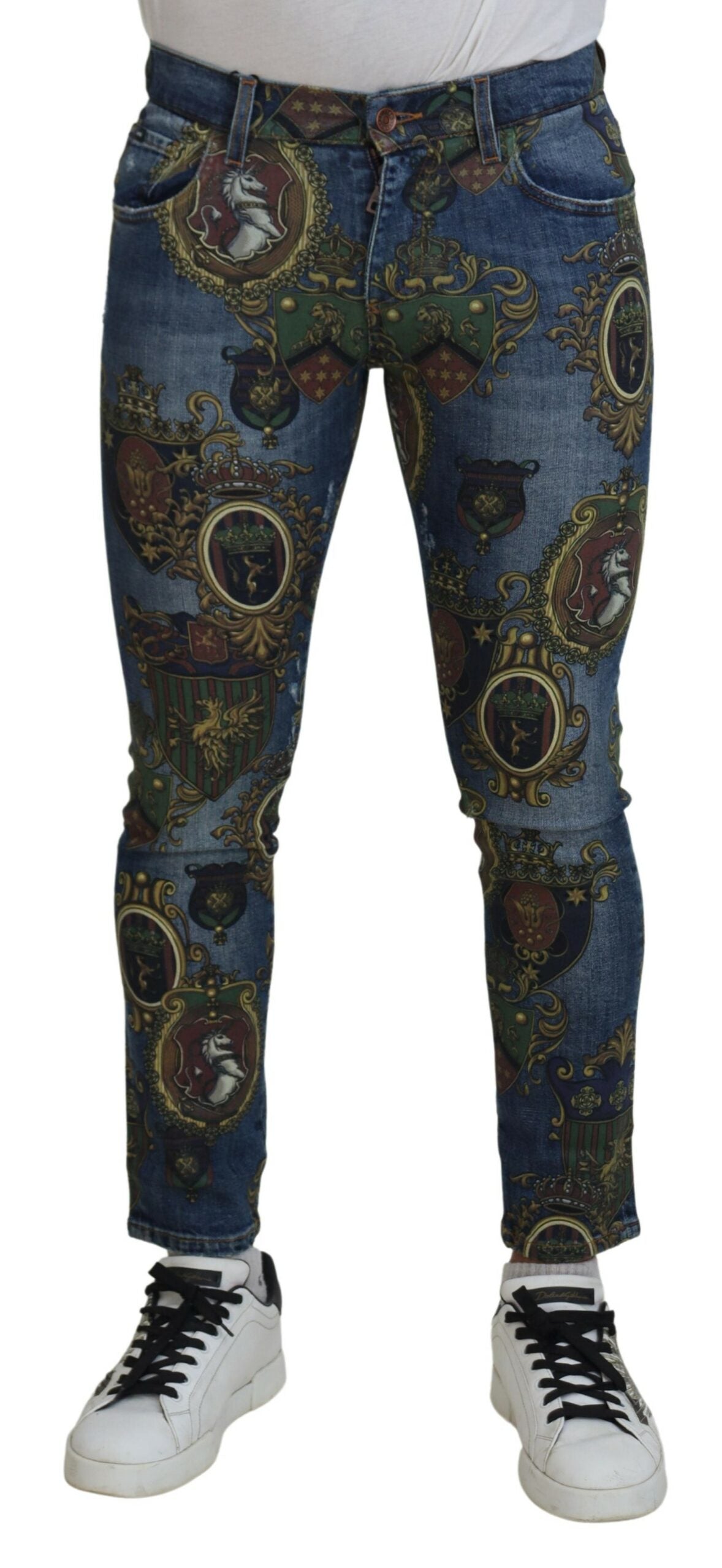 Dolce & Gabbana Blue Medal Print Slim Fit Cotton Men's Jeans