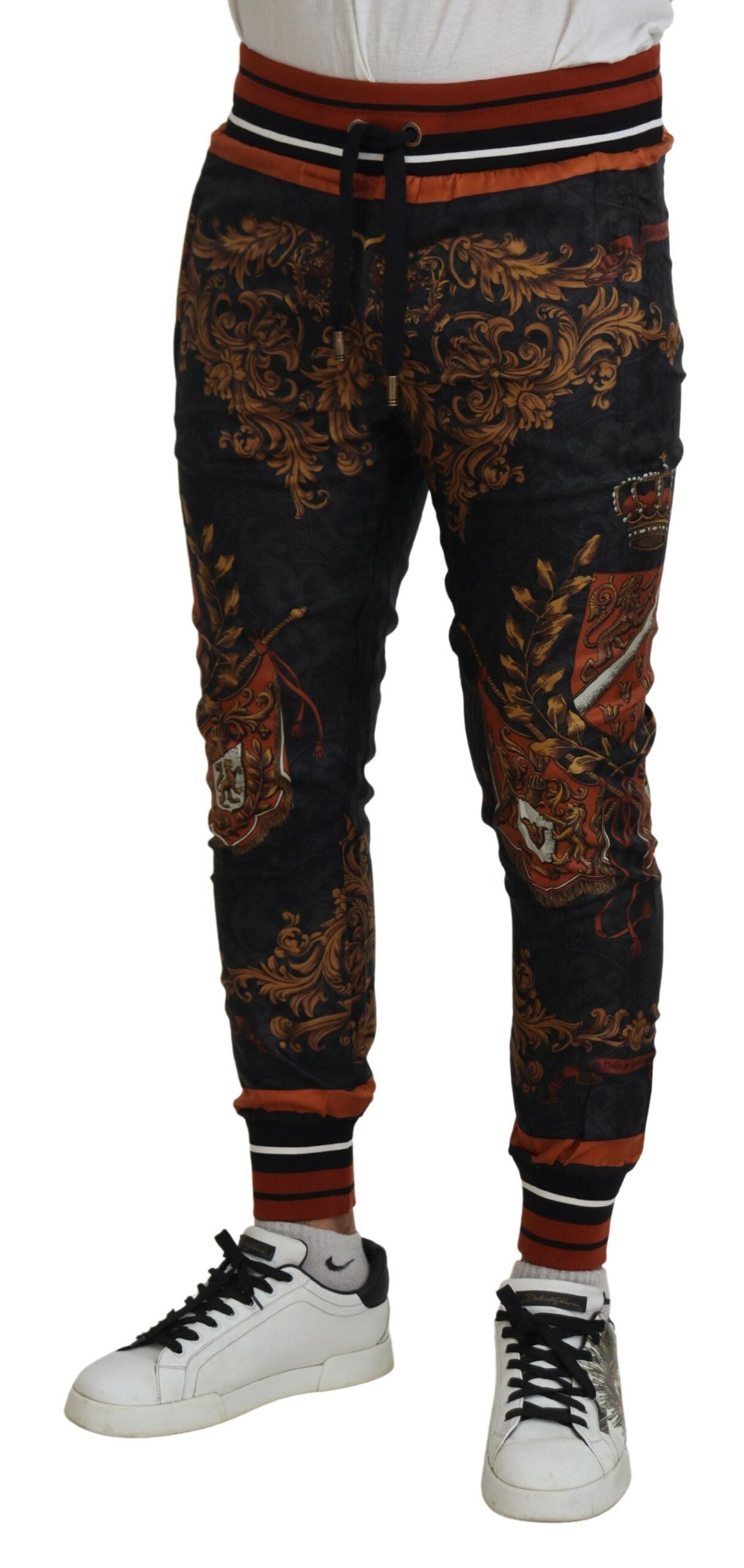 Dolce & Gabbana Gray Silk Baroque Crown Trousers Sport Men's Pants