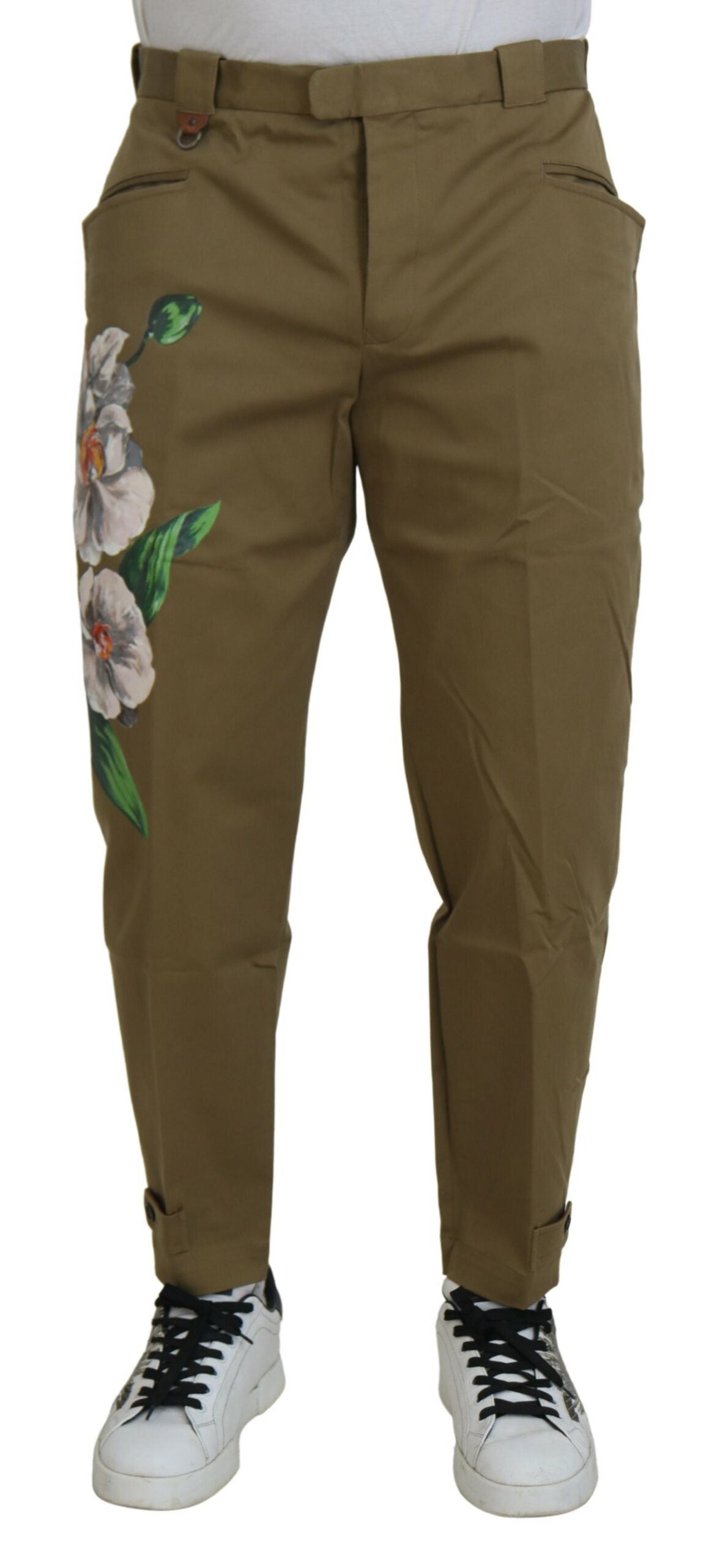 Dolce & Gabbana Beige Cotton Stretch Floral Chinos Men's Pants