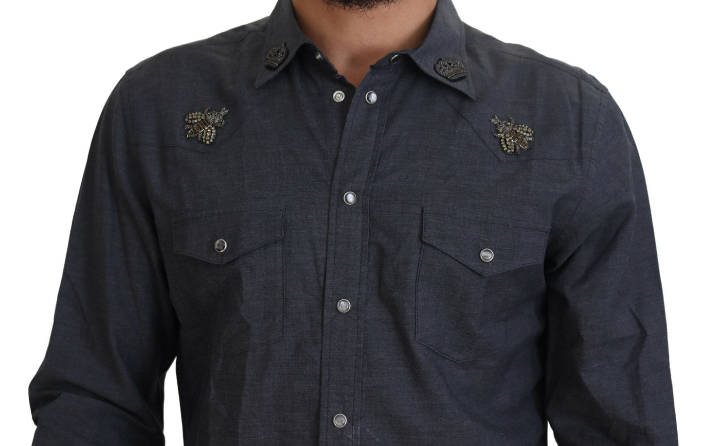 Dolce & Gabbana Blue Cotton Denim Crystal Bee Men's Shirt