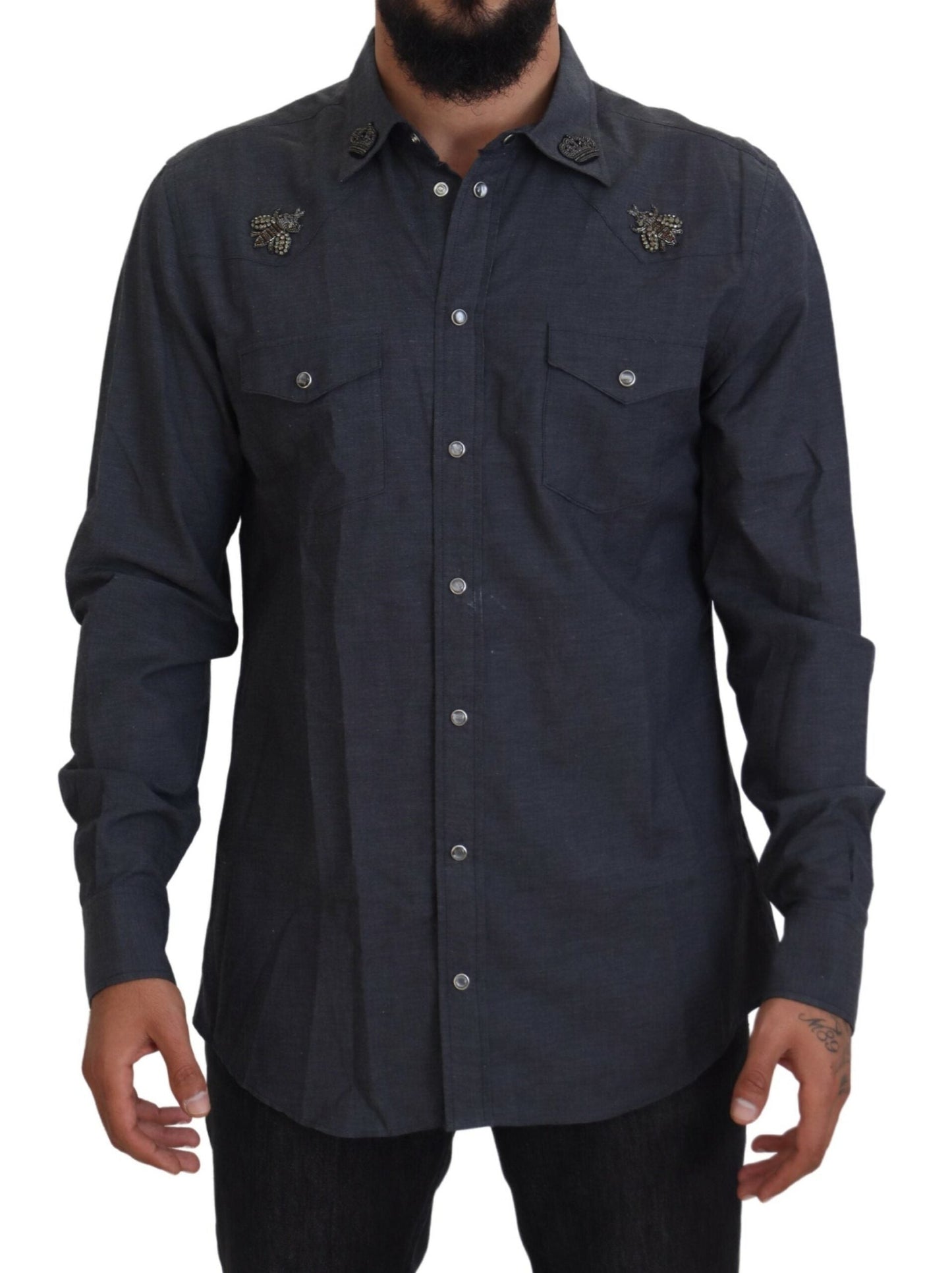 Dolce & Gabbana Blue Cotton Denim Crystal Bee Men's Shirt