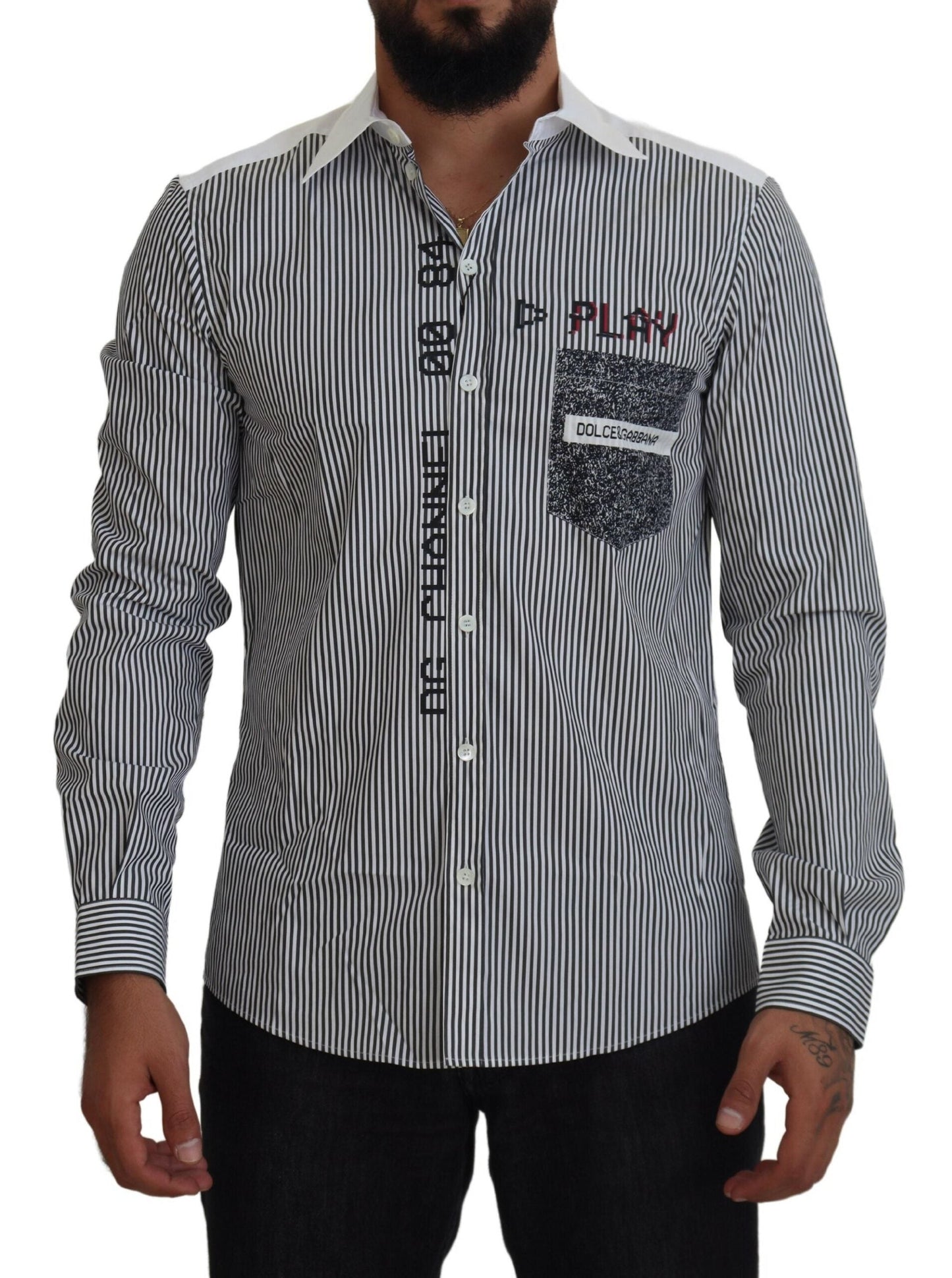 Dolce & Gabbana Gray White Striped Slim Fit Men's Shirt