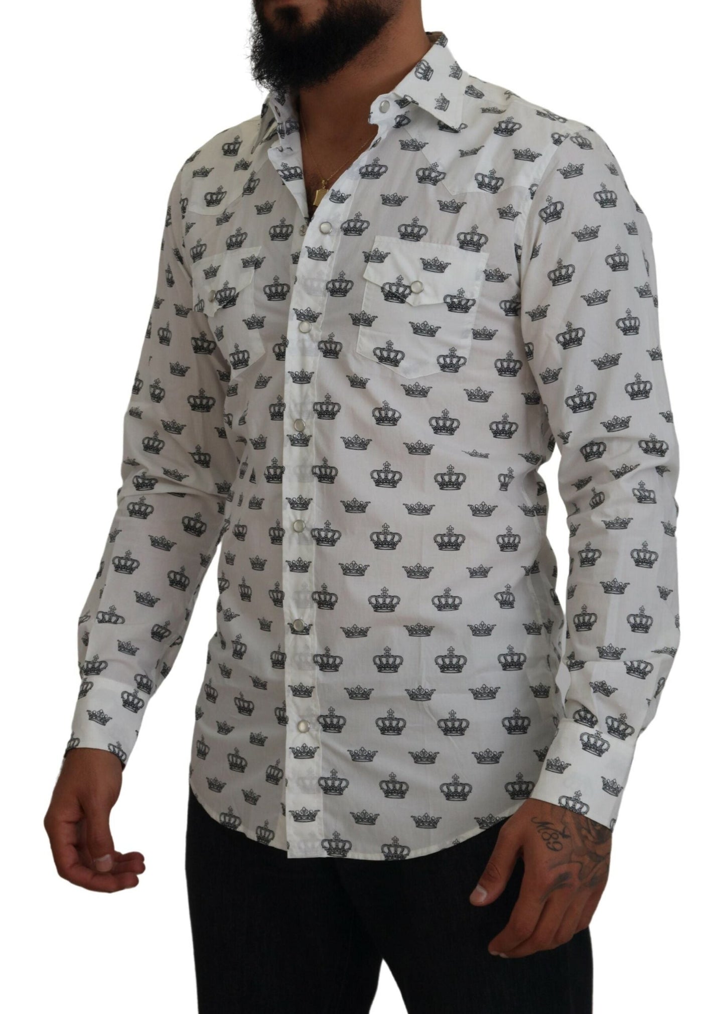 Dolce & Gabbana White Crown Print Slim Fit Cotton Men's Shirt