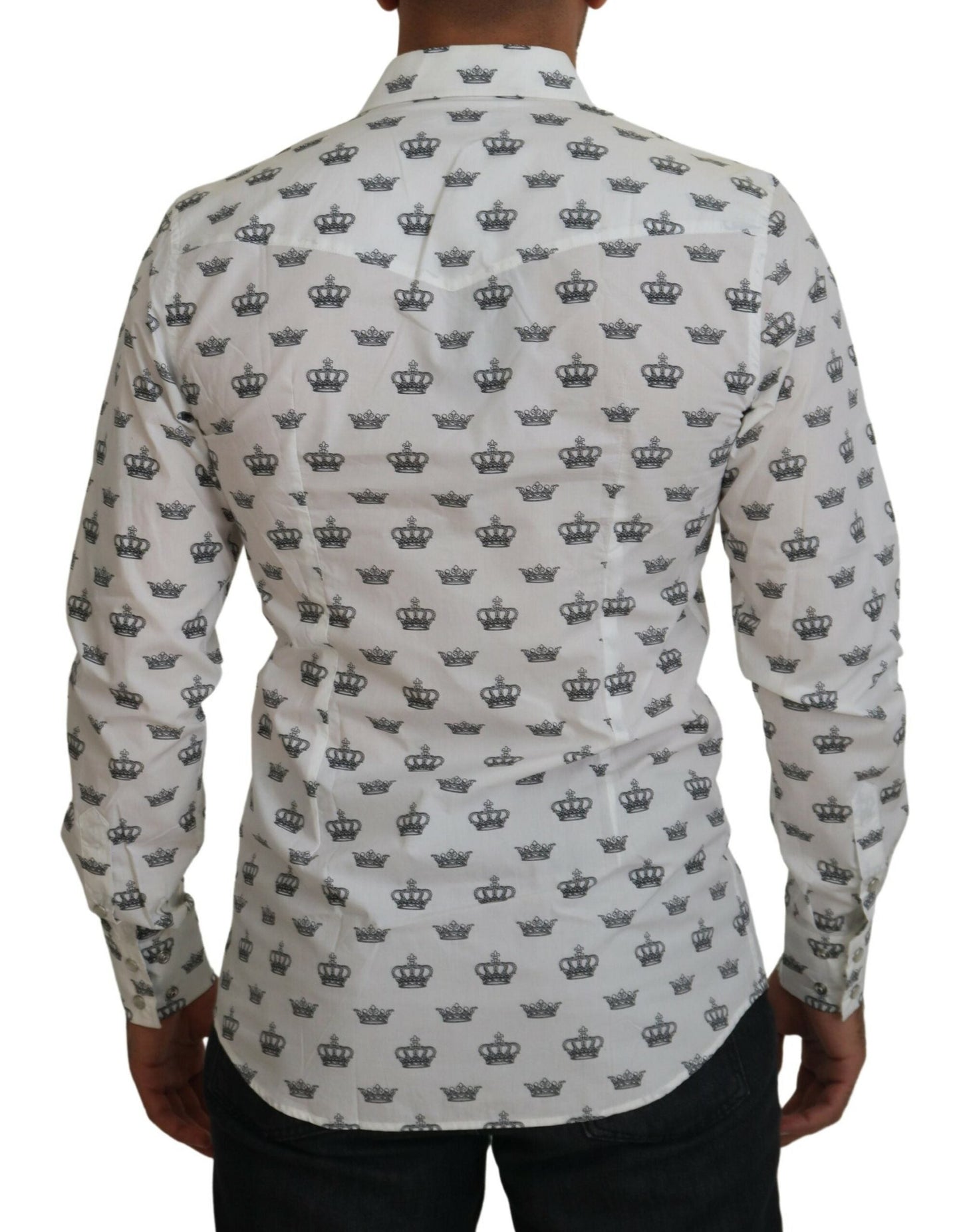 Dolce & Gabbana White Crown Print Slim Fit Cotton Men's Shirt