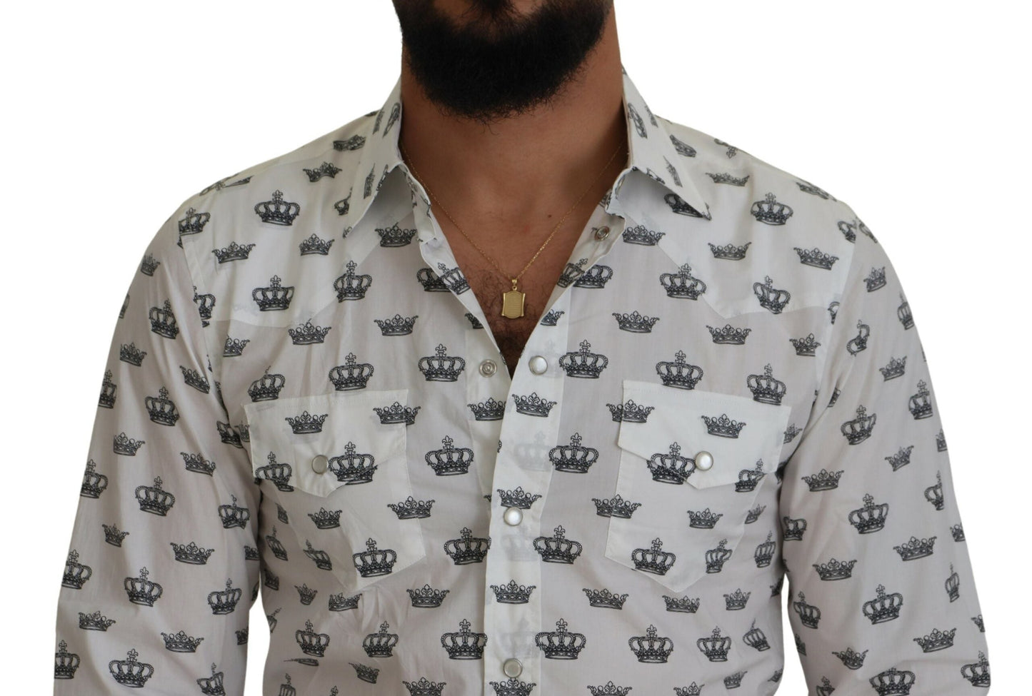 Dolce & Gabbana White Crown Print Slim Fit Cotton Men's Shirt