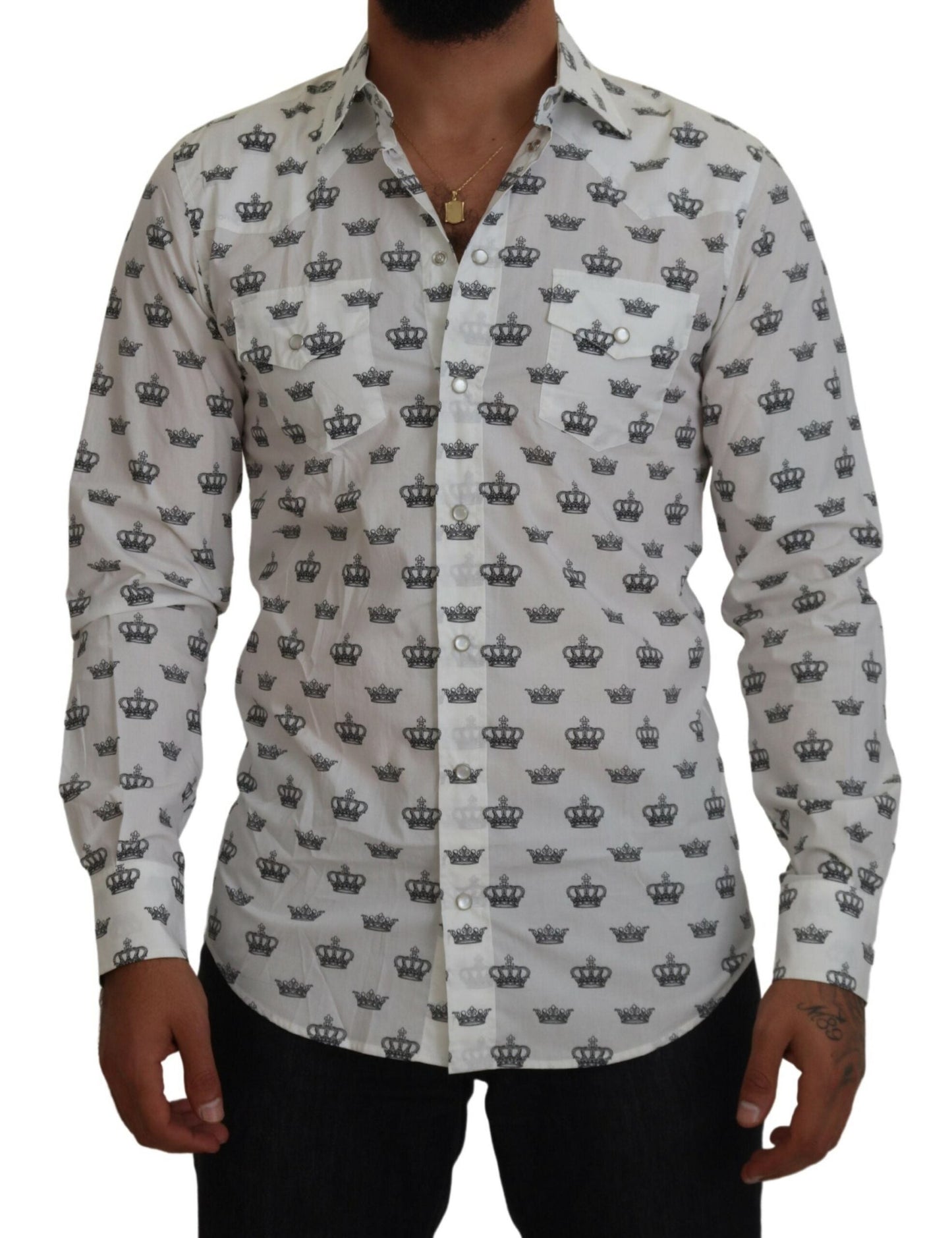 Dolce & Gabbana White Crown Print Slim Fit Cotton Men's Shirt