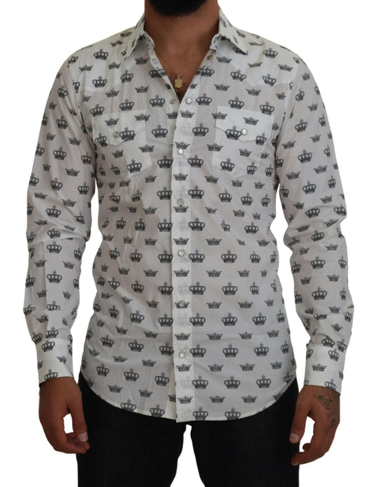Dolce & Gabbana White Crown Print Slim Fit Cotton Men's Shirt