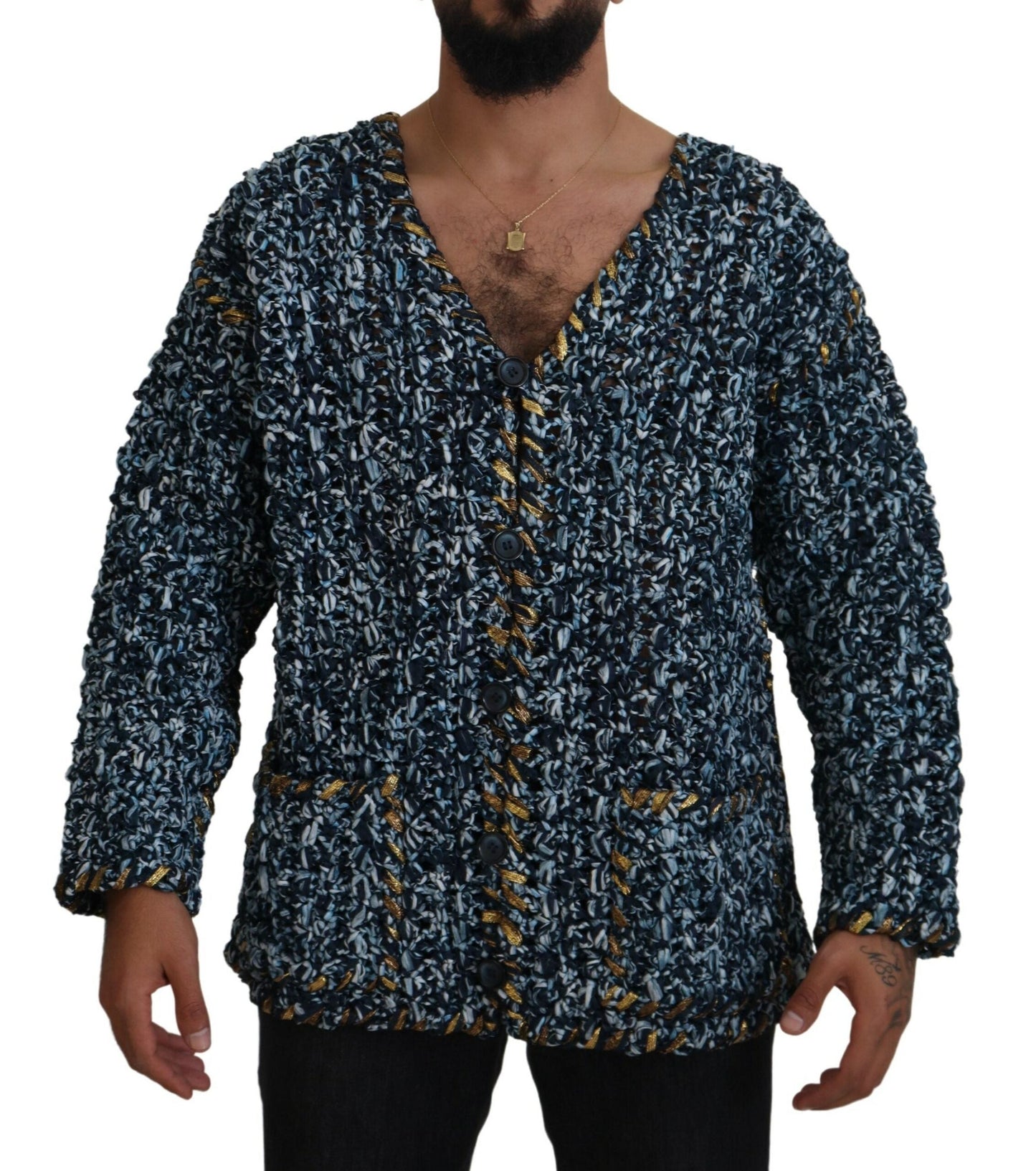 Dolce & Gabbana Blue Button Cardigan Fatto A Mano Men's Sweater