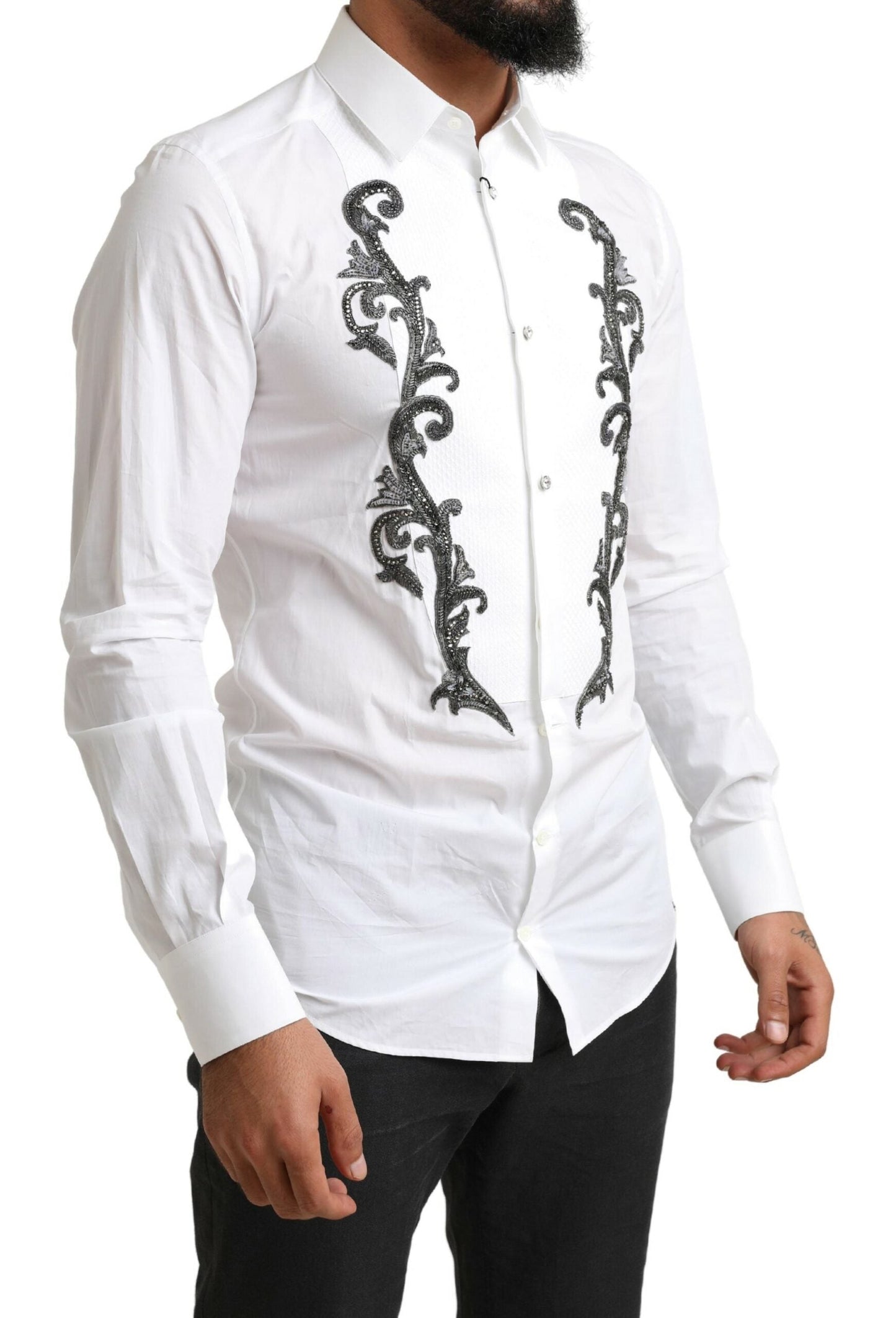 Dolce & Gabbana White Tuxedo Slim Fit Baroque Men's Shirt