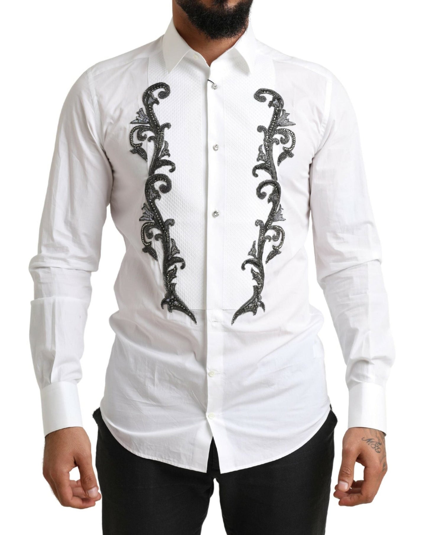 Dolce & Gabbana White Tuxedo Slim Fit Baroque Men's Shirt