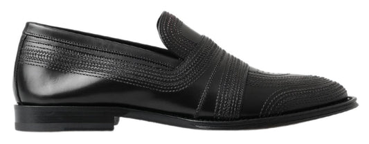 Dolce & Gabbana Black Leather Slipper Loafers Stitched Men's Shoes