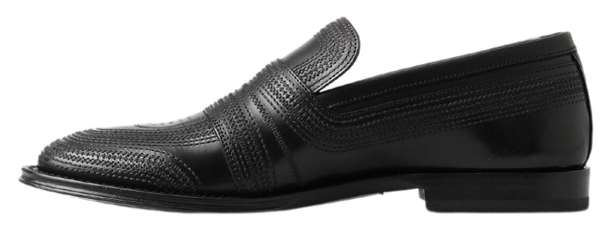 Dolce & Gabbana Black Leather Slipper Loafers Stitched Men's Shoes