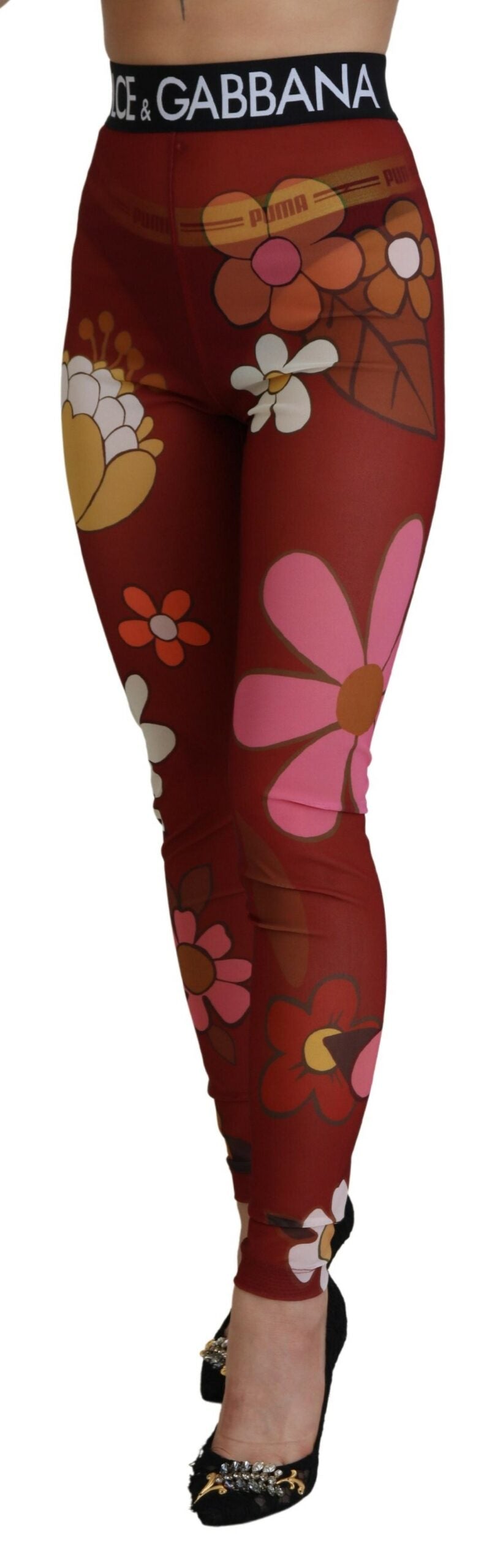 Dolce & Gabbana Red Floral Leggings Stretch Waist Women's Pants