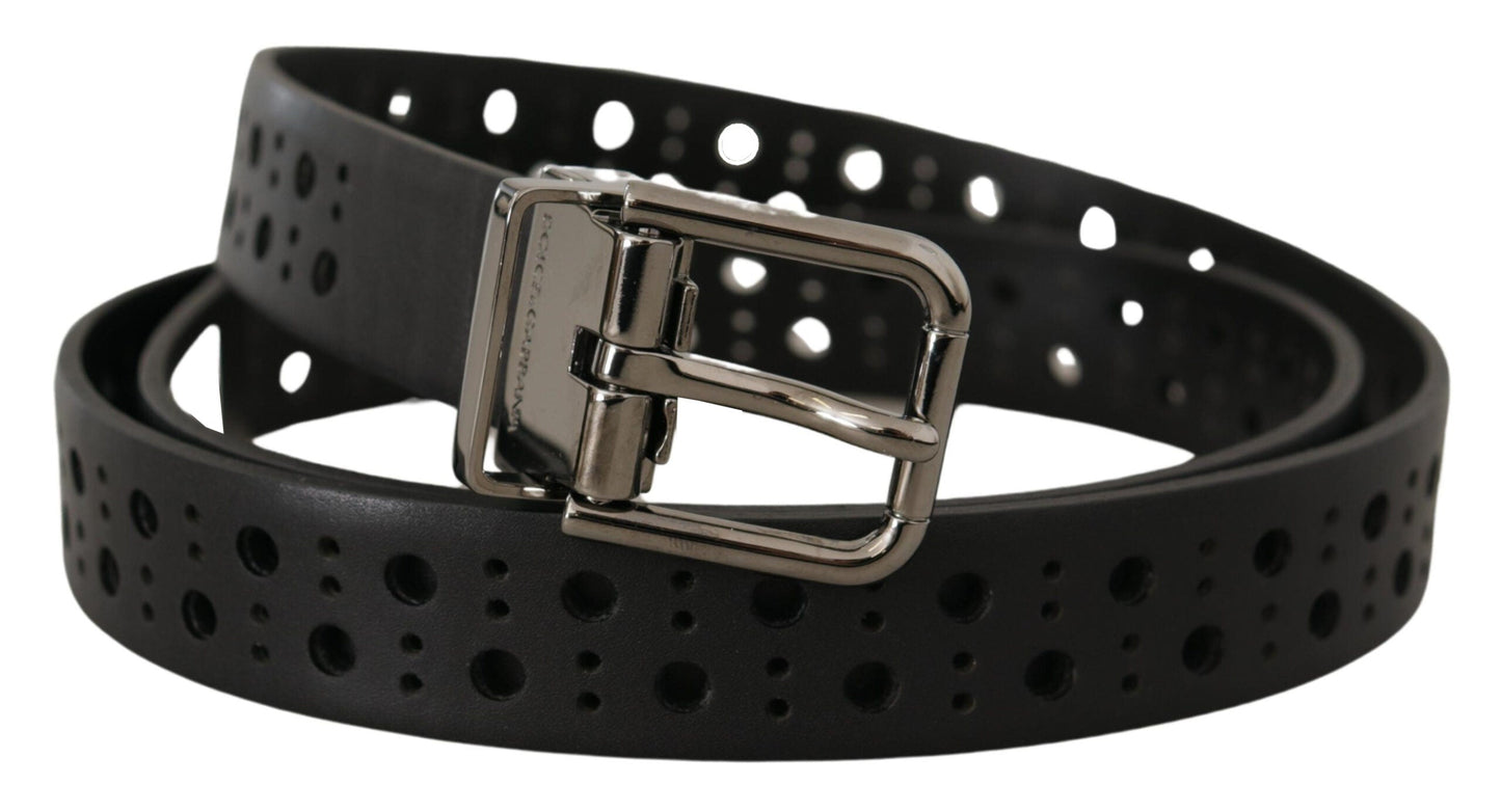 Dolce & Gabbana Black Calf Leather Perforated Metal Buckle Men's Belt