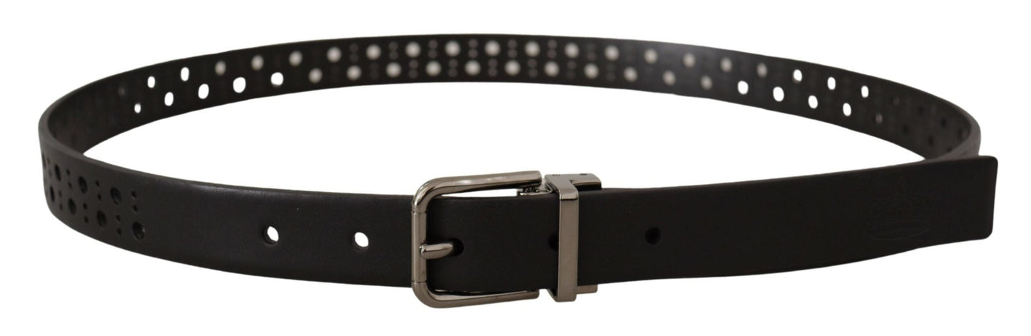 Dolce & Gabbana Black Calf Leather Perforated Metal Buckle Men's Belt