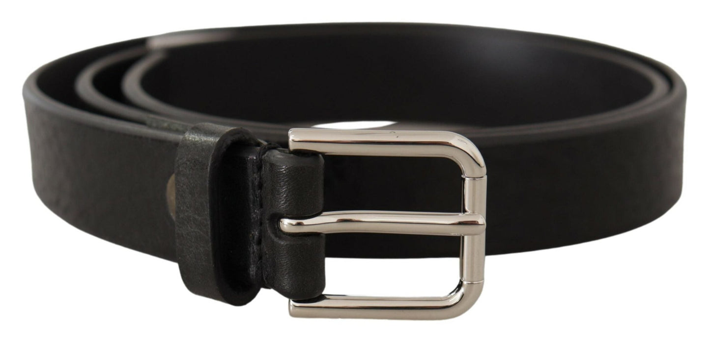 Dolce & Gabbana Black Calf Leather Silver Tone Logo Metal Buckle Men's Belt