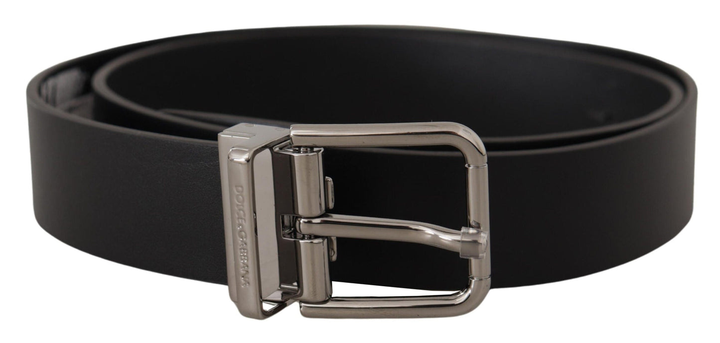 Dolce & Gabbana Black Calf Leather Logo Engraved Metal Buckle Men's Belt