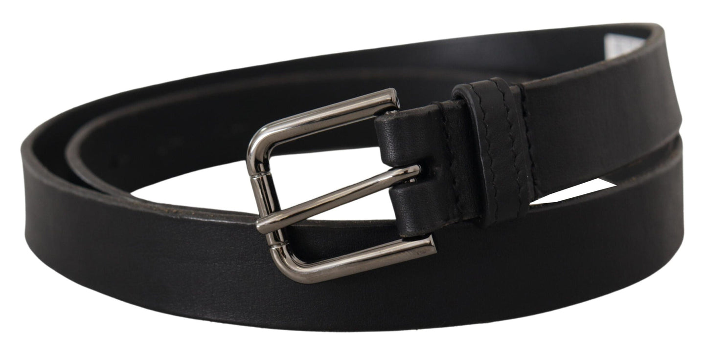 Dolce & Gabbana Black Calf Leather Logo Engraved Metal Buckle Men's Belt