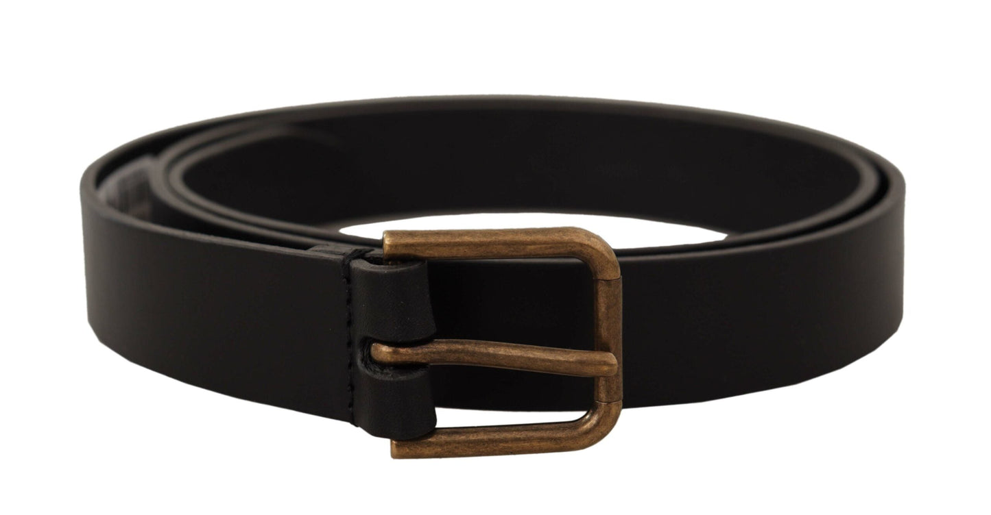 Dolce & Gabbana Black Calf Leather Brass Logo Engraved Buckle Men's Belt