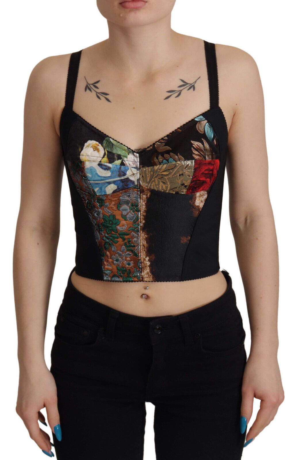 Dolce & Gabbana Black Patchwork Sicily Blouse Corset Cropped Women's Top