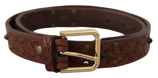 Dolce & Gabbana Brown Leather Floral Studded Metal Buckle Men's Belt