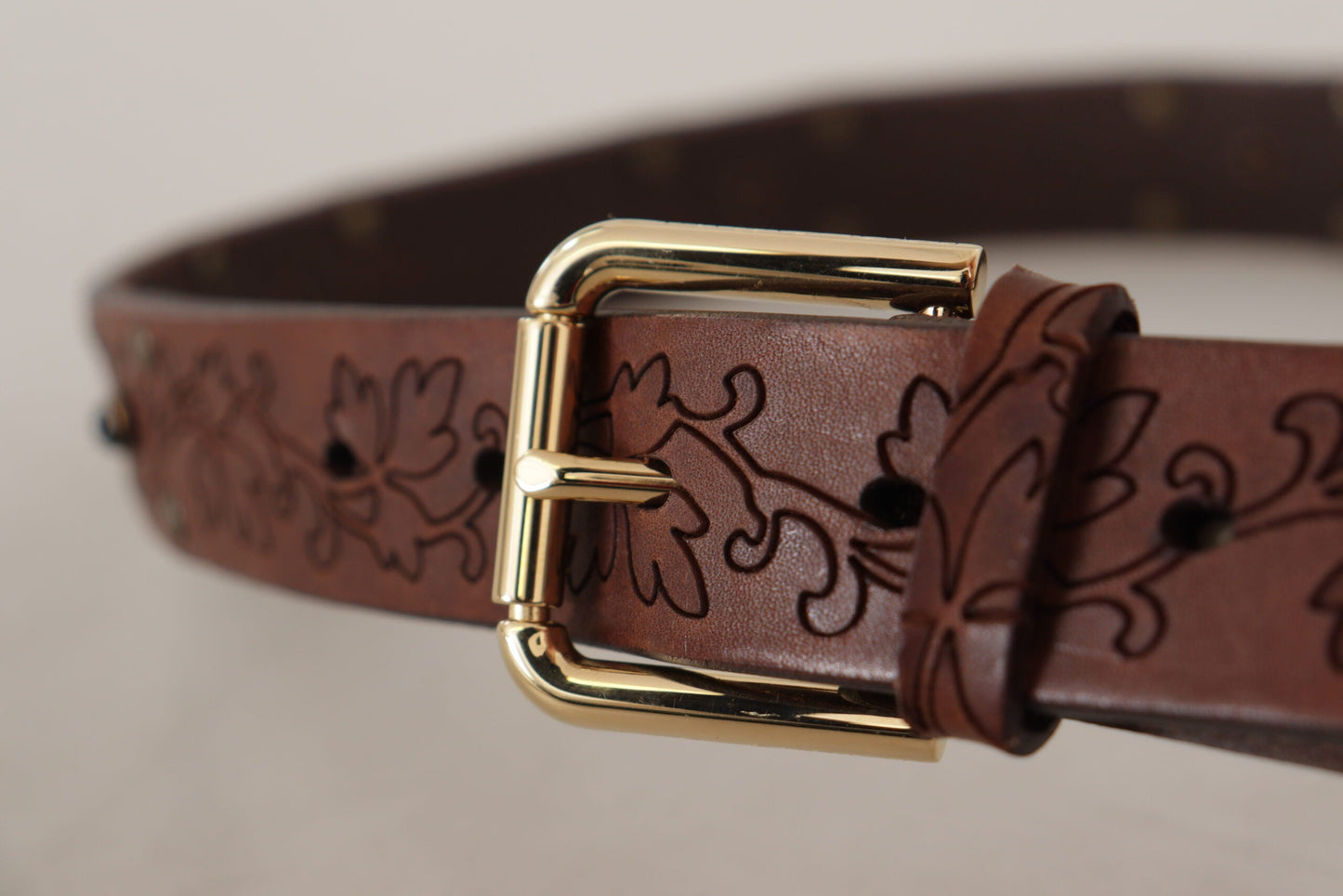 Dolce & Gabbana Brown Leather Floral Studded Metal Buckle Men's Belt