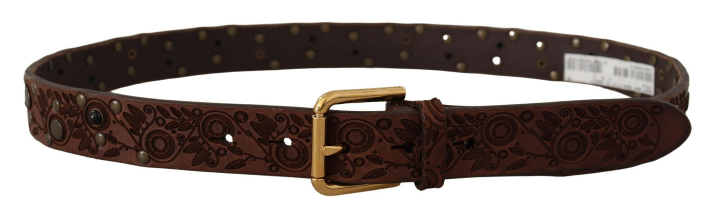 Dolce & Gabbana Brown Calf Leather Embossed Gold Metal Men's Buckle