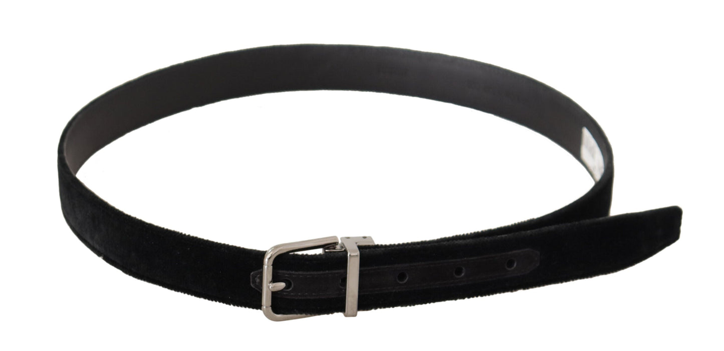 Dolce & Gabbana Black Casual Velvet Silver Metal Logo Buckle Men's Belt