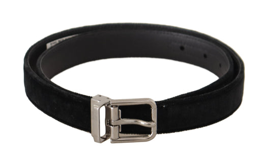 Dolce & Gabbana Black Casual Velvet Silver Metal Logo Buckle Men's Belt