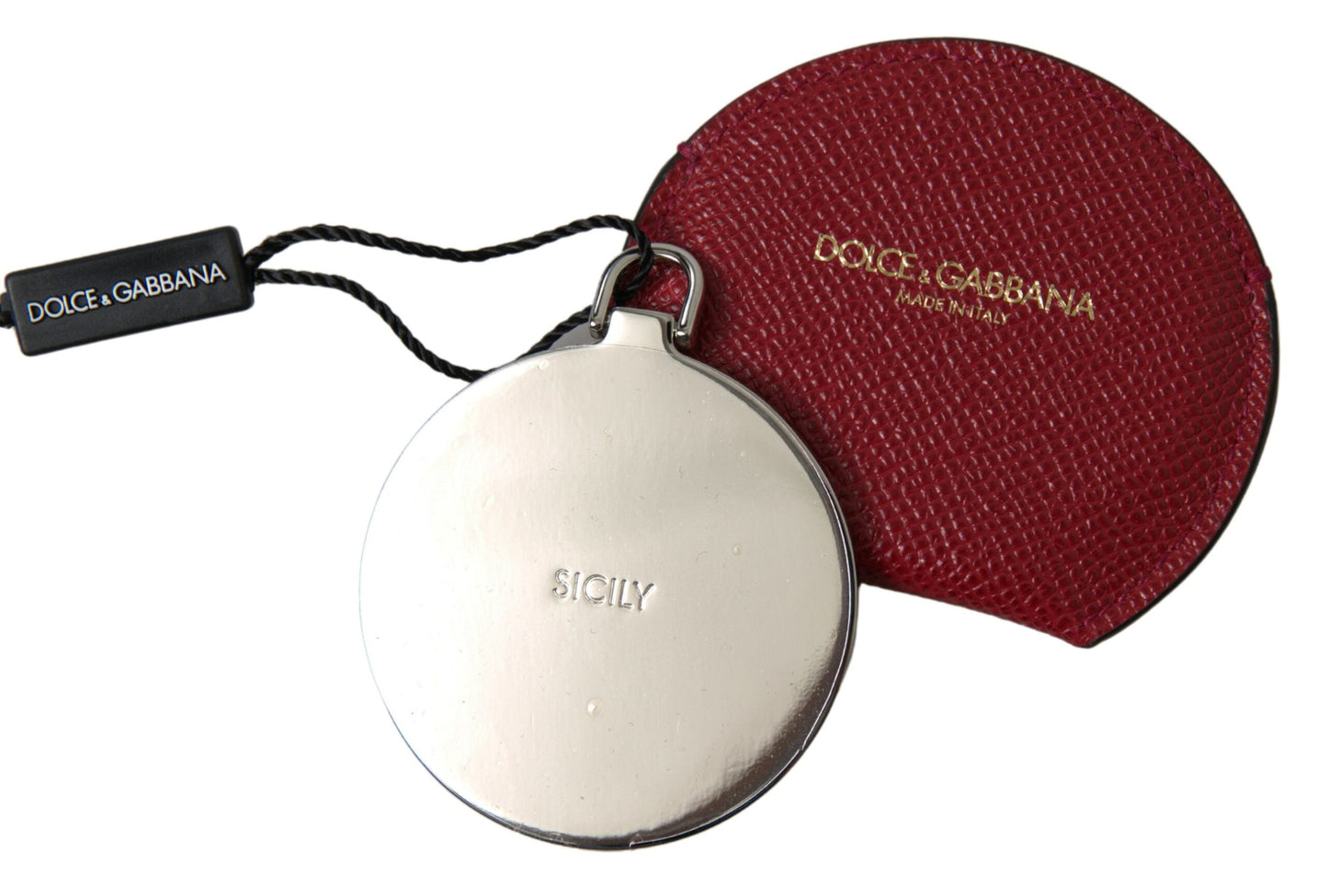 Dolce & Gabbana Red Calfskin Leather Round Hand Mirror Women's Holder