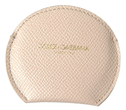 Dolce & Gabbana Beige Calfskin Leather Round Logo Hand Mirror Women's Holder