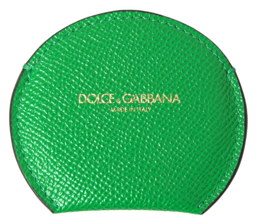 Dolce & Gabbana Green Calfskin Leather Round Logo Hand Mirror Women's Holder