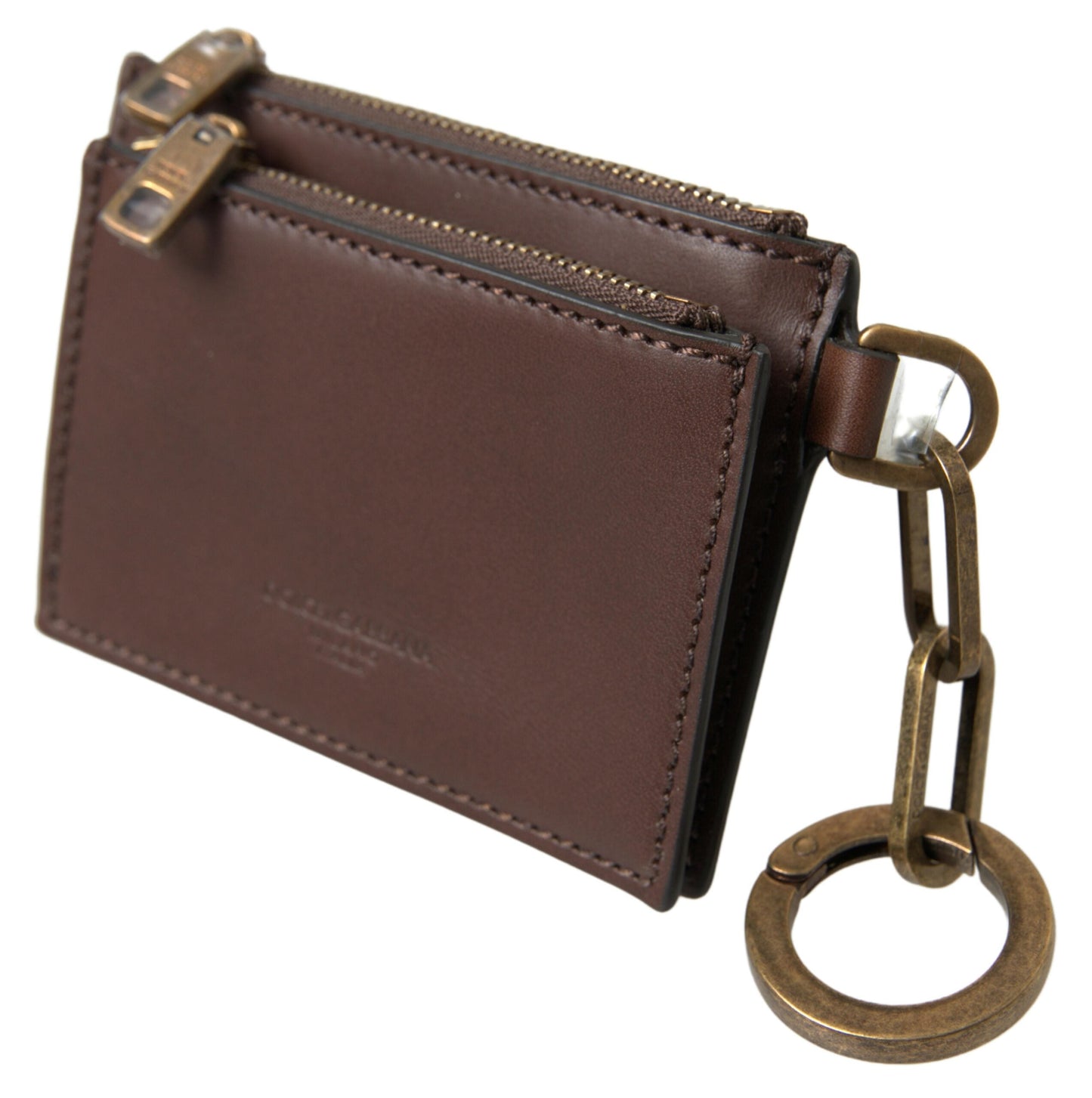 Dolce & Gabbana Brown Leather Zip Logo Keyring Coin Purse Men's Wallet