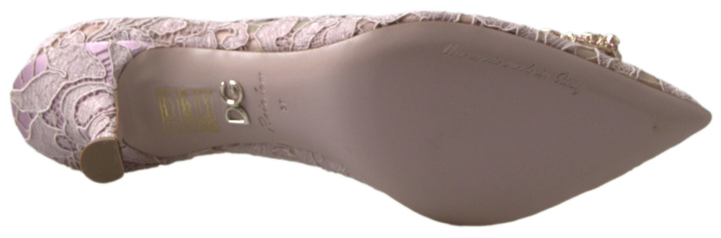 Dolce & Gabbana Pink Floral Lace DG Crystal Pumps Women's Shoes