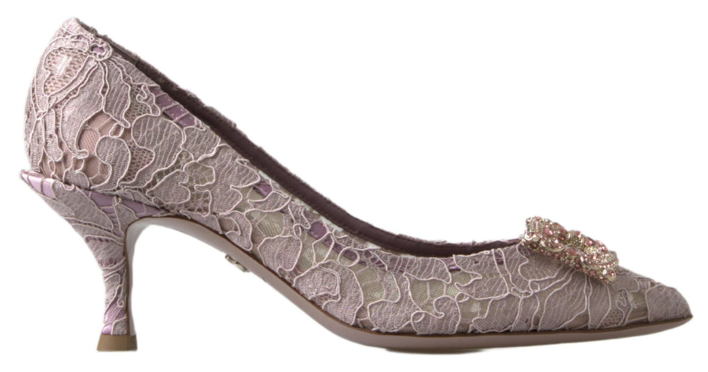 Dolce & Gabbana Pink Floral Lace DG Crystal Pumps Women's Shoes